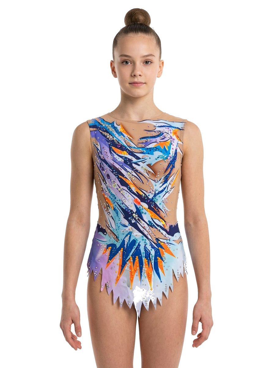 Vinkova RSG-Turnanzug Zip, vorn: orange, blau und weiß, diagonale Linien.