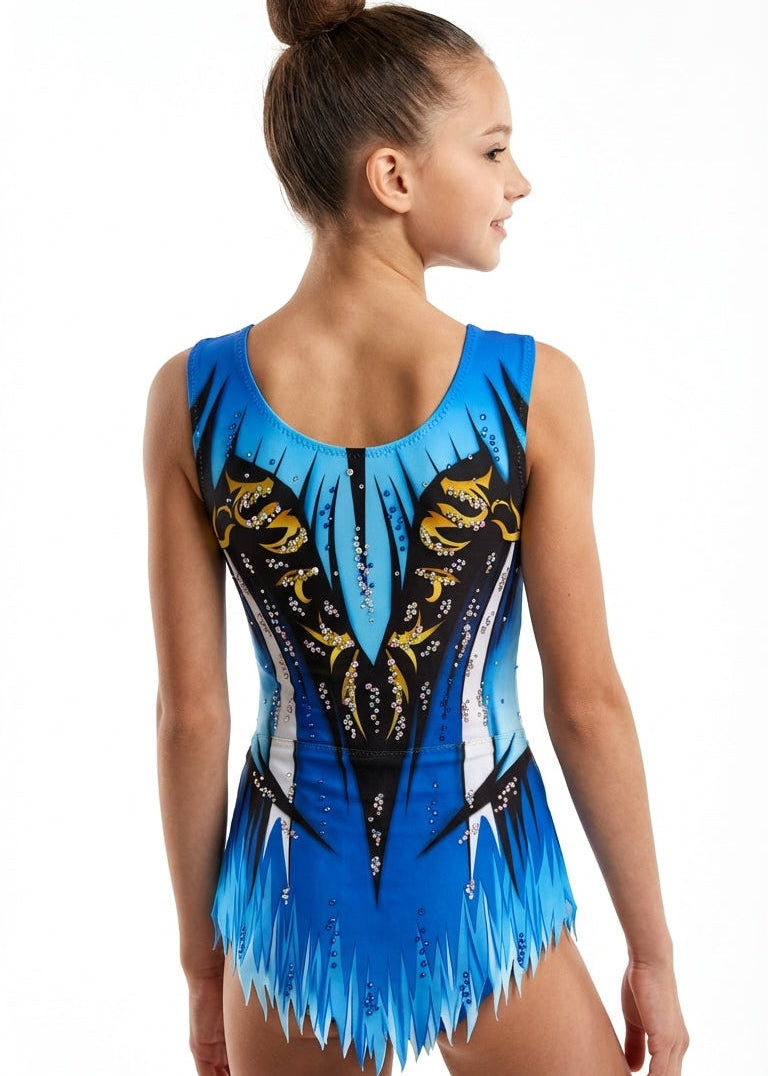 RSG-Wettkampfanzug mit Rückenpartie in Blau, Schwarz und Gold mit Strasssteinen.