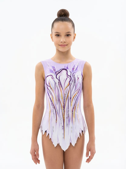 Ärmelloser Gymnastikanzug Filadelfia, Design in Rosa und Orange mit Strasssteinen für den Wettkampf