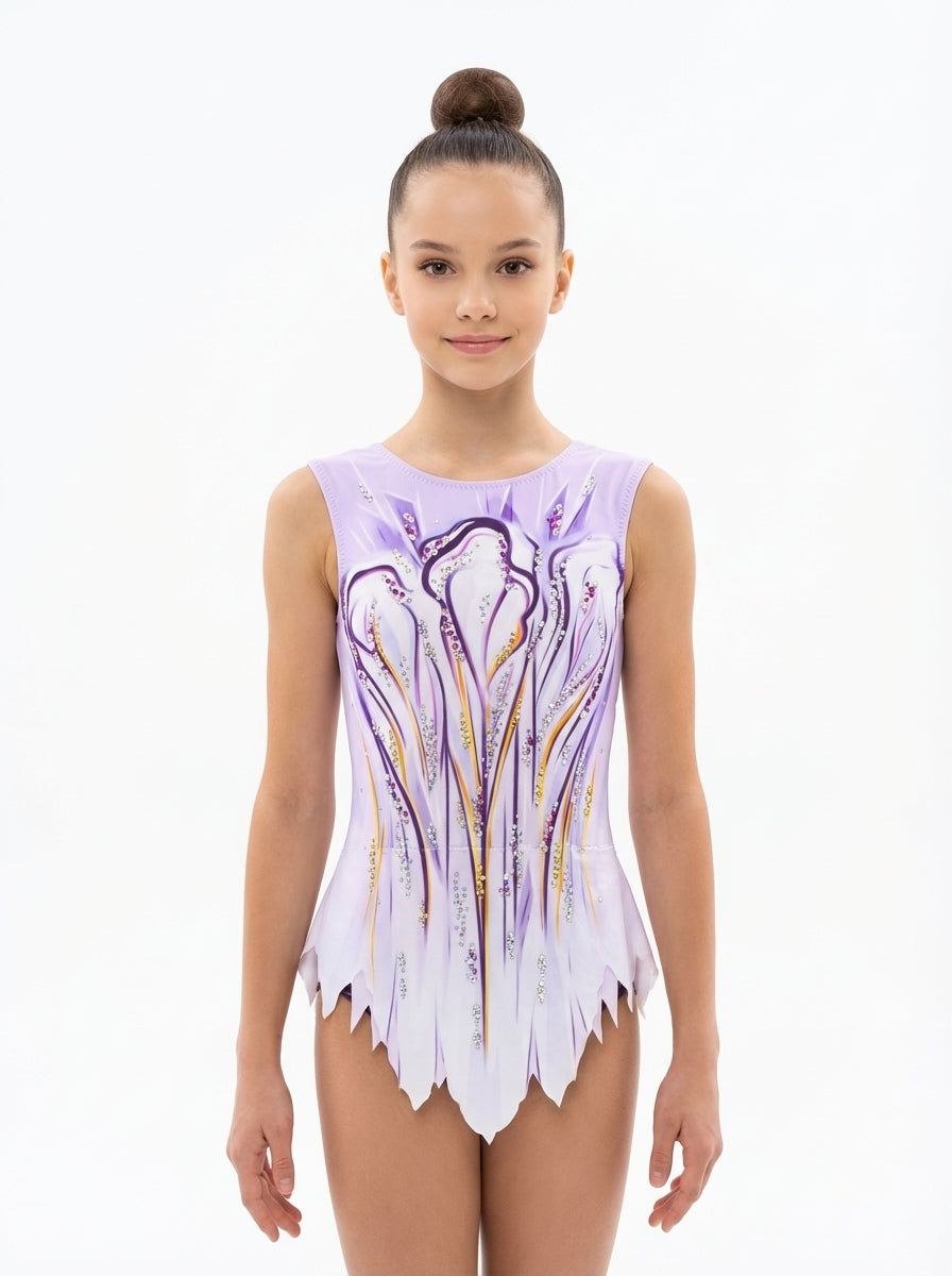 Ärmelloser Gymnastikanzug Filadelfia, Design in Rosa und Orange mit Strasssteinen für den Wettkampf