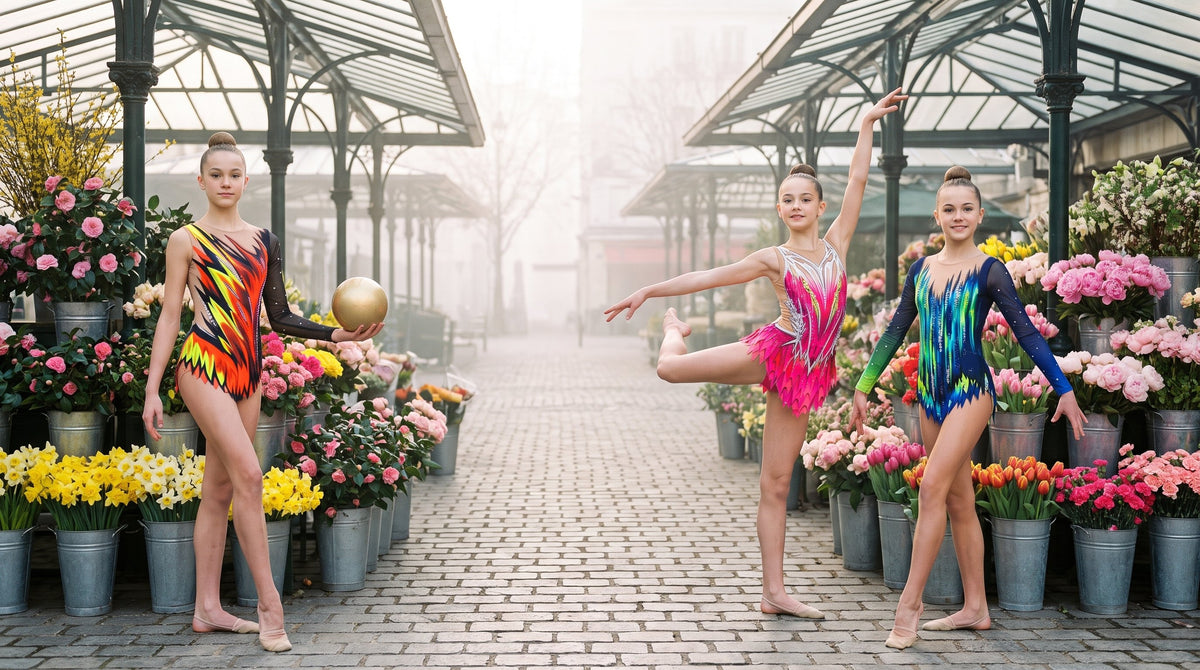 Drei Gymnastinnen in VINKOVA Primavera Anzügen für Rhythmische Sportgymnastik zwischen Blumenständen.