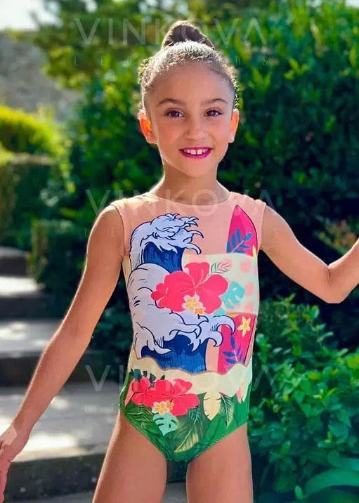 Ärmelloser RSG-Anzug mit Design der "Großen Welle", Hibiskusblüten und tropischen Motiven.