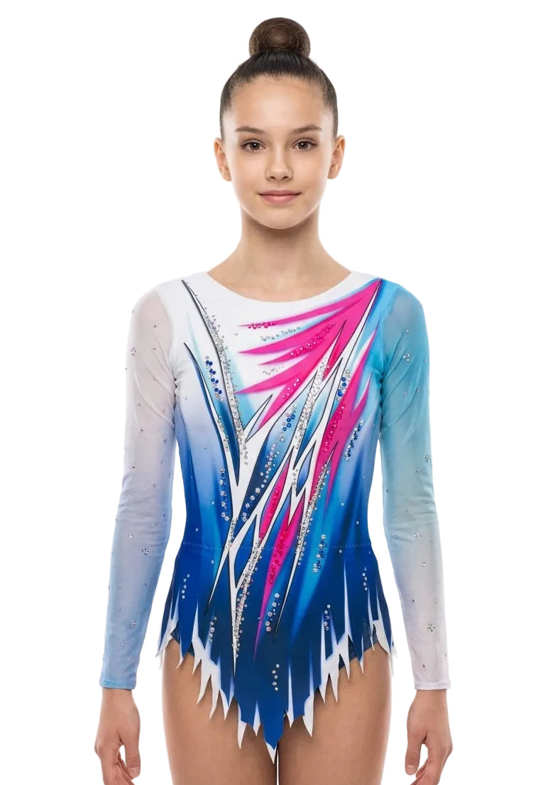 RSG-Wettkampfanzug mit langen Ärmeln in Weiß, Blau und Rosa