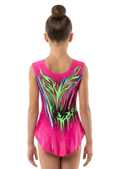 RSG-Anzug Portland in Fuchsia und Neongrün mit glitzerndem Steinbesatz und ergonomischem Schnitt für Gymnastinnen.