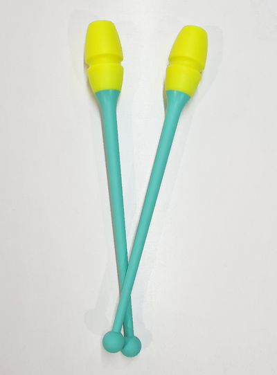 Ineinandersteckbare Keulen für Rhythmische Sportgymnastik in Mint und Gelb für Gymnastik.
