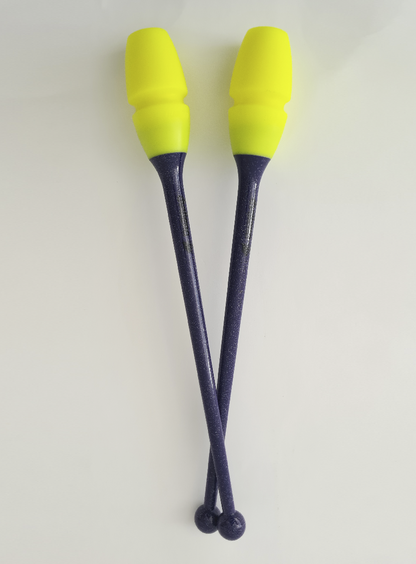 Mazas de gimnasia rítmica morado glitter y amarillo engarzables 41cm y 45cm