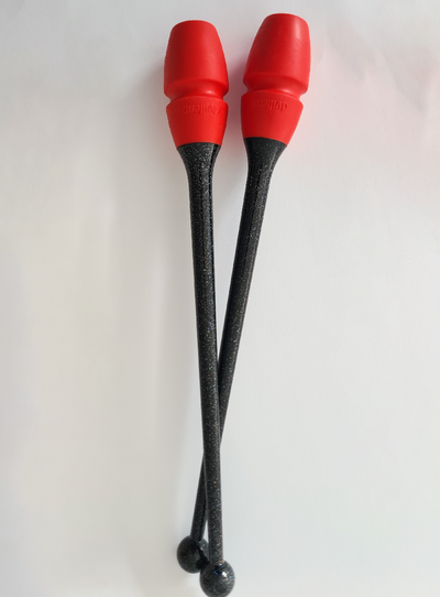 Ineinandersteckbare Keulen für Rhythmische Sportgymnastik 36 cm in Schwarz Glitzer und Rot.