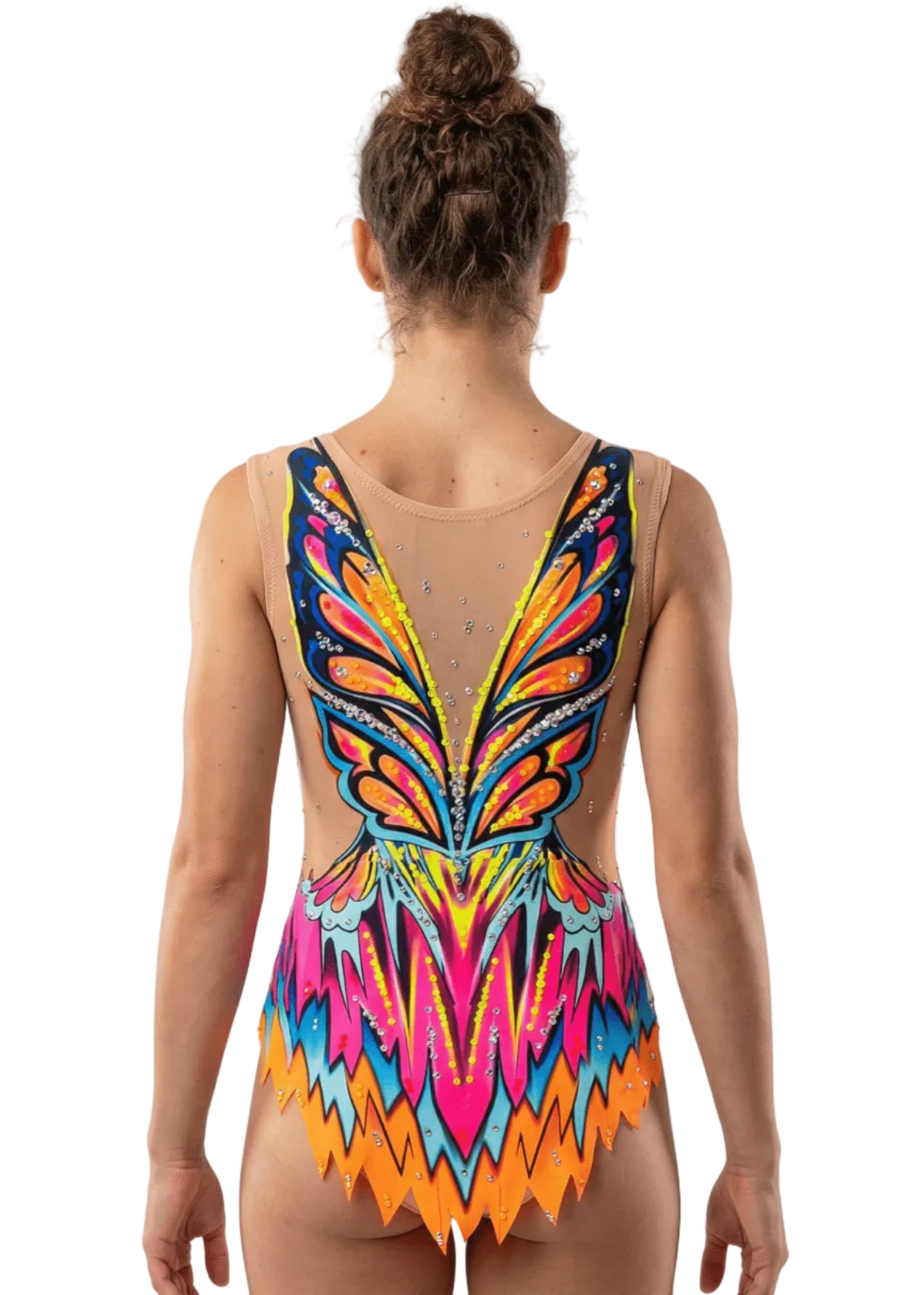 Bunter RSG-Wettkampfanzug mit Rosa, Blau und Orange, funkelnden Strasssteinen, Transparenzen und symmetrischem Rückendesign in Form lebendiger Flügel.
RSG-Anzug in Neontönen und Blautönen mit reichhaltigem Strassbesatz, sanften Transparenzen und dynamischem Rückenmuster aus aufsteigenden Formen.
Bunter RSG-Wettkampfanzug mit transparenten Details, feinem Strassbesatz und lebendigem Rückendesign, inspiriert von stilisierten Flügeln.