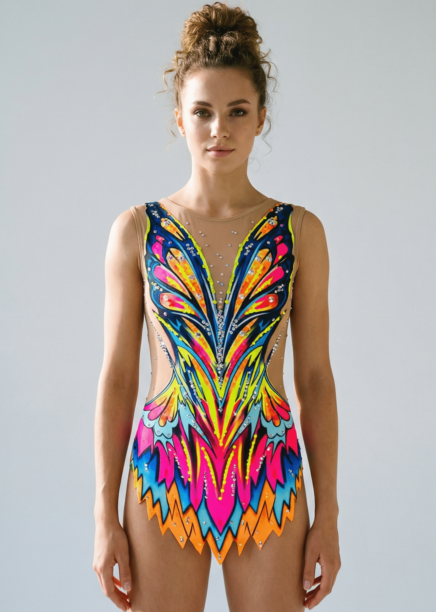 Maillot de gimnasia rítmica multicolor con rosa, azul y amarillo neón, transparencias laterales, pedrería brillante y diseño frontal simétrico vibrante.
Maillot rítmico en tonos neón y azul con pedrería abundante, transparencias laterales y estilo frontal dinámico de formas afiladas.
Maillot de gimnasia rítmica multicolor con detalles transparentes, pedrería fina y patrón frontal energético de líneas ascendentes.