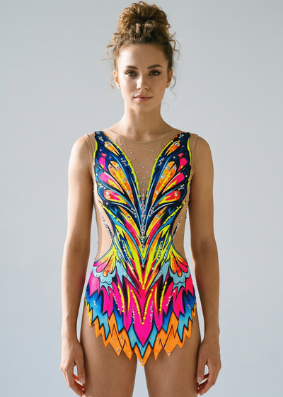 Bunter RSG-Wettkampfanzug mit Rosa, Blau und Neongelb, seitlichen Transparenzen, funkelnden Strasssteinen und lebendigem symmetrischem Frontdesign.
RSG-Anzug in Neontönen und Blau mit reichhaltigem Strassbesatz, seitlichen Transparenzen und dynamischem Frontstil aus spitzen Formen.
Bunter RSG-Wettkampfanzug mit transparenten Details, feinem Strassbesatz und energetischem Frontmuster aus aufsteigenden Linien.