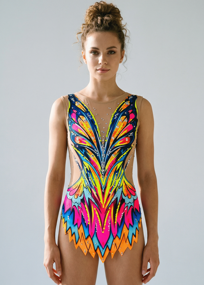 Maillot de gimnasia rítmica multicolor con rosa, azul y amarillo neón, transparencias laterales, pedrería brillante y diseño frontal simétrico vibrante.
Maillot rítmico en tonos neón y azul con pedrería abundante, transparencias laterales y estilo frontal dinámico de formas afiladas.
Maillot de gimnasia rítmica multicolor con detalles transparentes, pedrería fina y patrón frontal energético de líneas ascendentes.