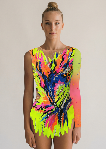 Maillot de gimnasia rítmica neón multicolor con pedrería abundante, transparencias tono piel y una manga larga degradada en estilo explosivo.
Maillot rítmico en tonos neón con azul intenso, pedrería brillante, transparencias tono piel y falda recortada de diseño vibrante.
Espalda de maillot rítmico neón multicolor con pedrería dispersa, transparencias tono piel y formas dinámicas de estilo llamativo
