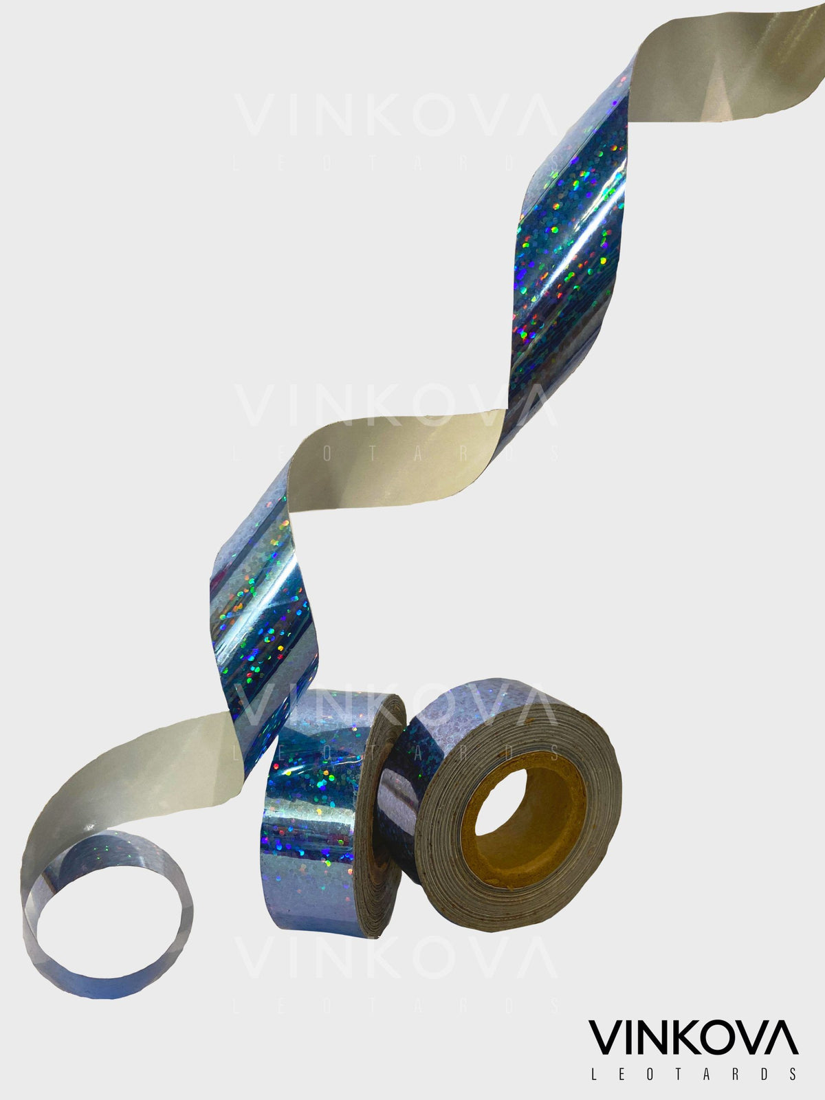Vinkova Klebeband für RSG-Handgeräte, glitzernd, blaugrau, in Rollen und ausgerollten Streifen.