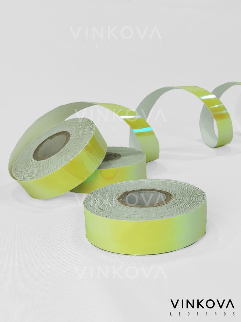 Vinkova Klebeband für RSG-Handgeräte, irisierend, neongelb, in Rollen und ausgerollten Streifen.