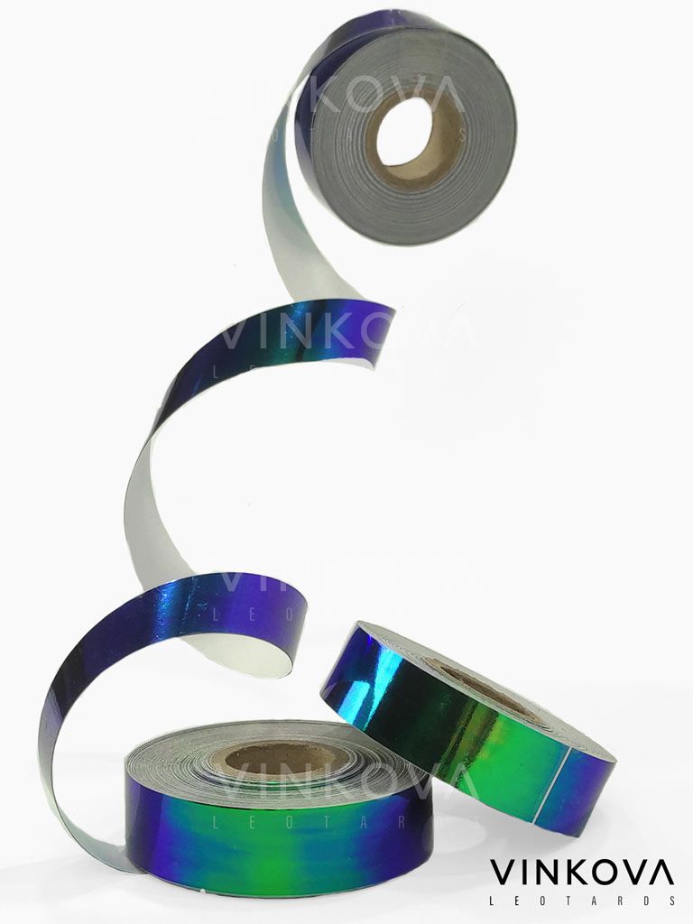 Vinkova Klebeband für RSG-Handgeräte, irisierend, blau und grün, in Rollen und ausgerollten Streifen.