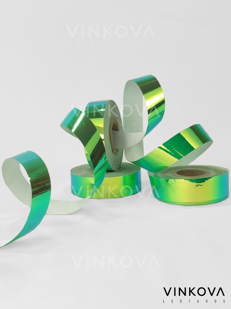 Vinkova Klebeband für RSG-Handgeräte, irisierend, lagartogrün, in Rollen und ausgerollten Streifen.