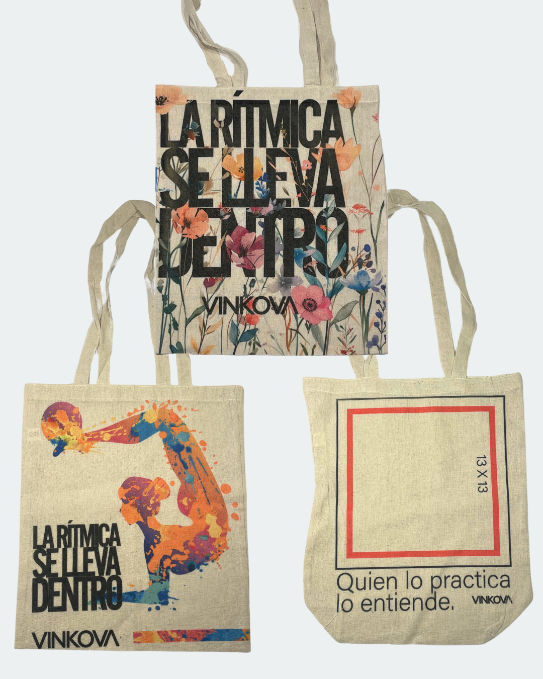 Vinkova Stofftaschen mit langen Henkeln, Turnerin, Blumen und aufgedruckten Sprüchen.