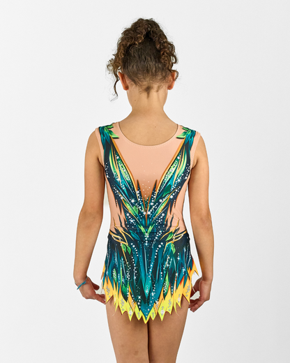 vestido de gimnasia ritmica verda de espalda amarillo