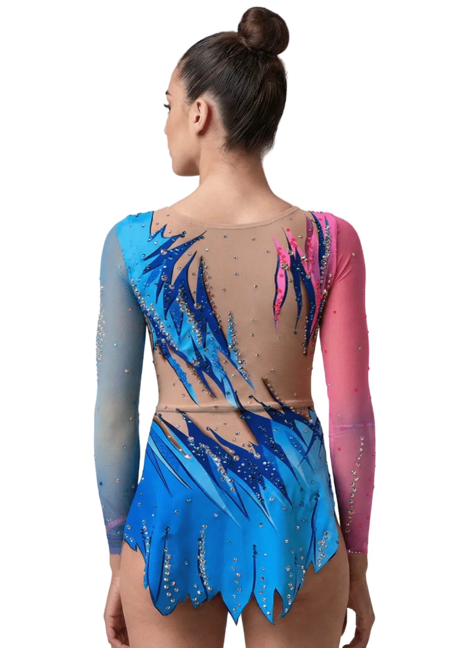 RSG-Anzug in Blau und Rosa mit Farbverläufen, hautfarbenen Transparenzen, reichhaltigem Steinbesatz und langen Ärmeln im dynamischen Stil.
RSG-Anzug in Blau- und Rosatönen mit Flammendesign, hautfarbenen Transparenzen, glänzenden Schmucksteinen und kurzem Röckchen mit bewegtem Finish.
Rückenpartie des RSG-Anzugs in Blau und Rosa mit Farbverläufen, hautfarbenen Transparenzen, verteilten Schmucksteinen und stilisiertem Design mit aufsteigenden Linien.