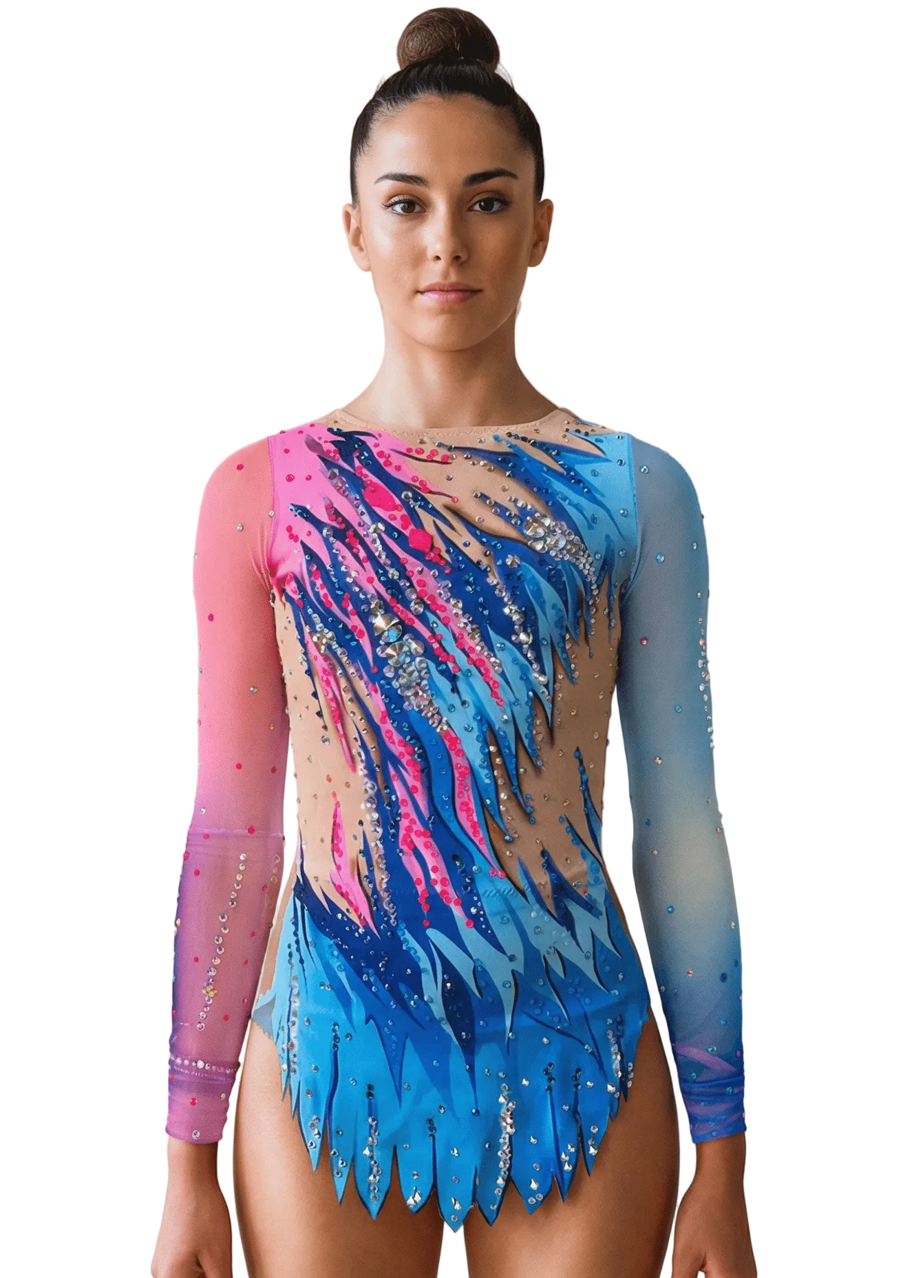 RSG-Anzug in Rosa und Blau mit Farbverläufen, hautfarbenen Transparenzen, glänzenden Schmucksteinen und langen Ärmeln im dynamischen Stil.
RSG-Anzug in Blau und Rosa mit Flammeneffekten, reichhaltigem Steinbesatz, Ärmeln mit Farbverlauf und hautfarbenen Transparenzen im lebendigen Stil.
Rückenpartie des RSG-Anzugs in Blau- und Rosatönen mit fließenden Farbverläufen, verteilten Schmucksteinen und hautfarbenen Transparenzen mit elegantem Finish.