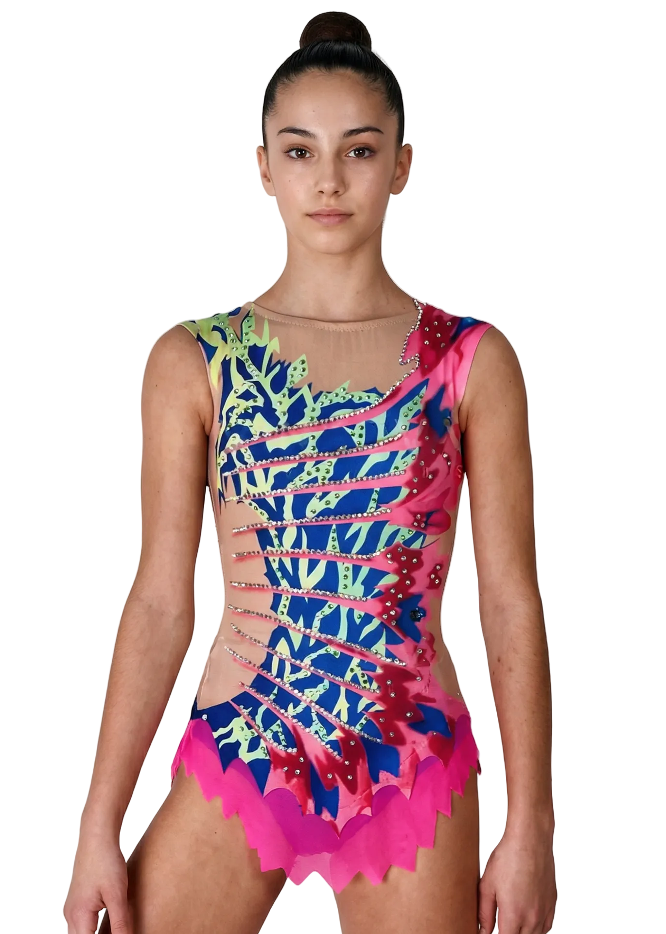 RSG-Anzug in Rosa, Blau und Grün mit Strasssteinen, seitlich angedeuteter Transparenz und dynamischen Motiven für einen lebendigen Stil.
Heller RSG-Anzug mit intensivem Rosa, Blau und Grün, glänzenden Strasssteinen und asymmetrischem Design für ein energetisches Erscheinungsbild.
Rückansicht eines RSG-Anzugs mit heller Basis in Rosa, Blau und Grün, Strasssteinen und fließenden Motiven in dynamischem Stil.